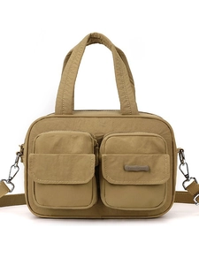 Casual nylon multi-pocket handbag in khaki earth tone with adjustable shoulder strap