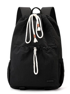 Large black nylon drawstring backpack with white cotton cords for travel and leisure