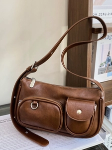 Vintage Women PU Leather Small Square Crossbody Bag Minimalist Underarm Bag With Double Front Pockets Adjustable Strap