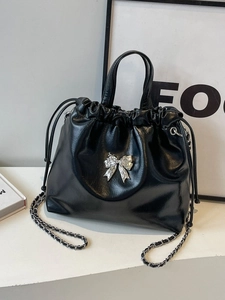 Women Fashion Bow Pleated PU Leather Backpack Drawstring Metal Chain Shoulder Bag Polyester Lining Sweet Travel Daypack