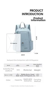 Detailed size specifications for the water-resistant nylon backpack measuring 38x28x11cm