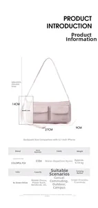 Size comparison and specifications of pink nylon messenger bag with dimensions and phone scale