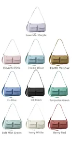 Overview of vintage nylon messenger bag showing ten available colors for daily commute