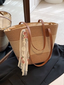 Women Straw Woven Tote Bag Large Capacity Beach Shoulder Bucket Bag With Floral Embroidery Lace Scarf Retro Vacation Handbag