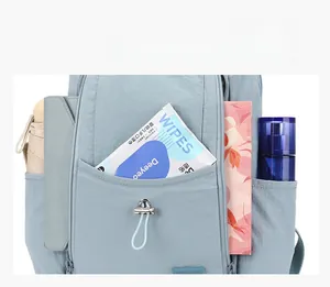 Detail of light blue nylon backpack showing spacious compartments and functional side pockets