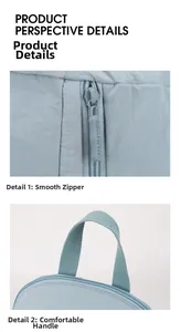 Detail of grey-blue nylon backpack showing smooth zipper and top handle texture