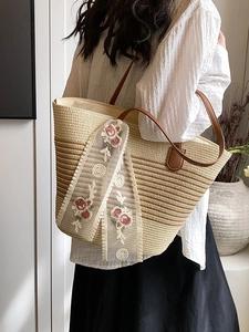 Large straw tote bag with floral embroidery lace scarf and brown leather straps