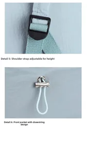 Detail of adjustable nylon straps and elastic drawstring on light blue backpack