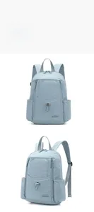 Detailed front and side views of light blue nylon backpack with multiple zipper pockets