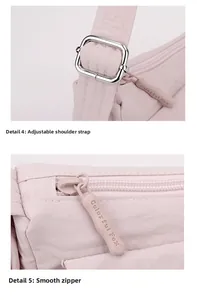 Detail of adjustable strap buckle and smooth lavender nylon zipper on crossbody bag
