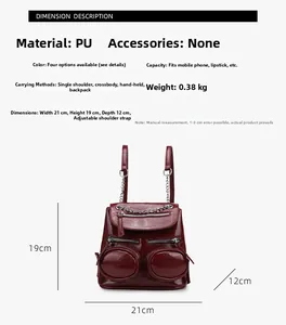 Donkerrode PU rugzak 21x19x12cm met chique ketting en dubbele ritszakken