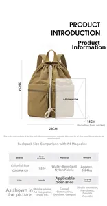 Detailed dimensions and specs for the 38cm lightweight nylon drawstring backpack