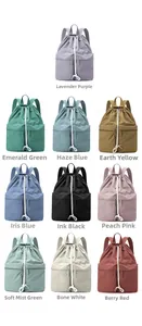 Matrix display of lightweight nylon backpacks in ten vibrant colors with drawstring detail