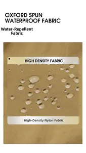 Detailed view of water-resistant high density nylon fabric with water droplets on khaki backpack