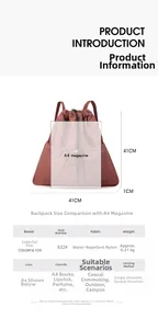 Detail view of water-resistant drawstring backpack size 41x41x1cm and A4 magazine scale