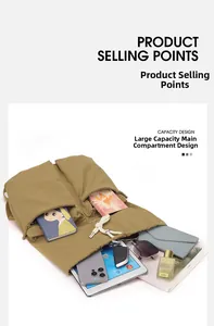 Close-up of khaki nylon backpack showing spacious main pocket with iPad and books