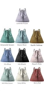 Collection of casual drawstring backpacks in ten vibrant colors for daily commuting and school