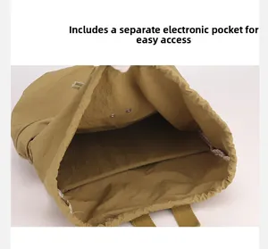 Internal detail of nylon backpack showing an independent electronic pocket and drawstring