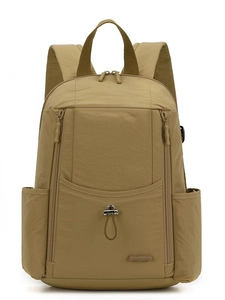 Minimalist khaki nylon backpack with large capacity and functional side pockets for women
