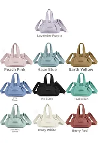 Detailed grid display of mini pleated bucket bags in ten vibrant trendy colors