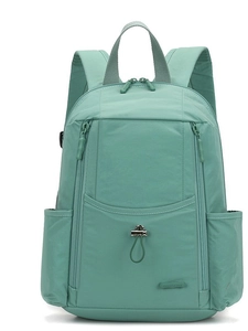 Mint green nylon backpack featuring a large capacity and multi-layer zipper pockets for travel