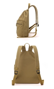 Detail view of khaki nylon drawstring backpack with side zipper pocket and adjustable straps