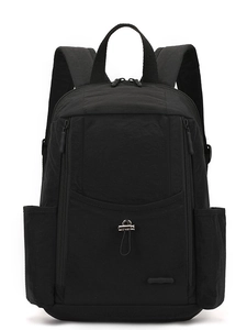 Minimalist black nylon large-capacity travel backpack with waterproof fabric and wide straps
