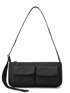 Retro black nylon crossbody bag with multiple pockets and adjustable shoulder strap