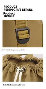 Detail view of adjustable nylon shoulder straps and cotton drawstring closure on backpack