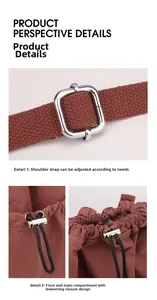 Detail of adjustable straps and drawstring closure on a brick red lightweight backpack