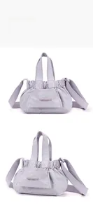 Detail shots of light purple nylon shoulder bag showing pleated design and adjustable strap