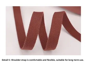 Close-up of flexible and durable woven brick red shoulder strap on a drawstring backpack