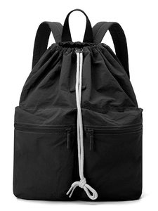 Lightweight black drawstring nylon backpack with dual front zipper pockets and white ropes