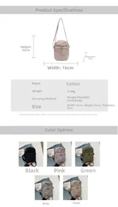 Detailed dimension chart showing 16x23x9cm size and five Morandi color options for bags