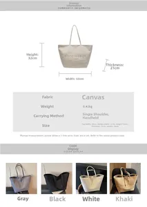 Detailed size specifications and dimensions for this large canvas tote bag model