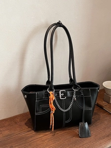 Women Fashion PU Leather Tote Bag Large Capacity Commuter Shoulder Bag With Contrast Stitching Chain Orange Rope Pendant