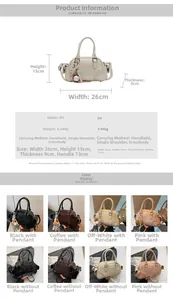 Size guide for PU leather handbag showing dimensions 26x15x9cm and color options