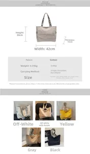 Tableau des tailles détaillé pour grand sac fourre-tout en toile avec mesures