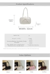 Detailed view of the bow-tie boston bag showing dimensions and four available colors