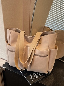 Large Capacity Canvas Tote Bag Multi Pocket Shoulder Bag Commuter Work Handbag Casual Crossbody Bag Women Daily Shopping Bag