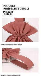 Detail of dusty rose nylon drawstring bag showing comfy handle and patterned lining