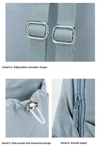 Detail of adjustable strap, bungee side pocket and branded zipper on light blue nylon bag