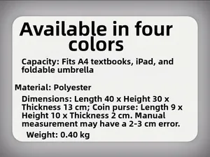 Size chart showing large capacity polyester tote bag with small coin purse dimensions