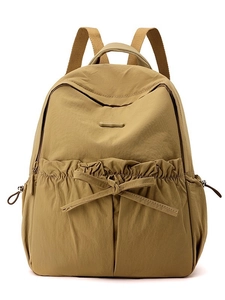 Khaki nylon backpack for women featuring stylish ruffles and a sweet bow decoration