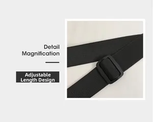 Dettaglio della tracolla regolabile in nylon nero con fibbia di regolazione quadrata
