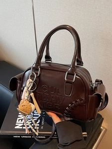 Women Fashion Glossy PU Leather Boston Bag Retro Letter Embossed Handbag With Baseball Charm Shoulder Crossbody Bag