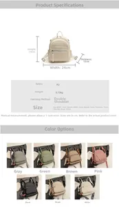 Detailed size specifications and multi-color options for the minimalist PU leather backpack