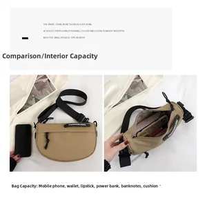 Dettaglio capacità della borsa a sella in nylon kaki con spazio per smartphone