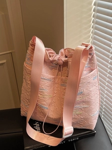 Women Large Capacity Quilted Crossbody Bag Rainbow Wave Embroidery Drawstring Tote Bucket Bag Casual Commute Shoulder Bag