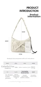 Detailed size specifications of the beige nylon tote bag with scrunchie strap and bow